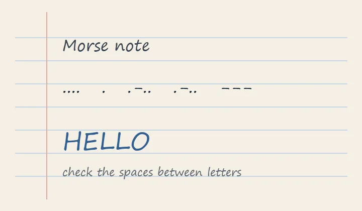 Handwritten HELLO message with Morse dots and dashes on lined paper