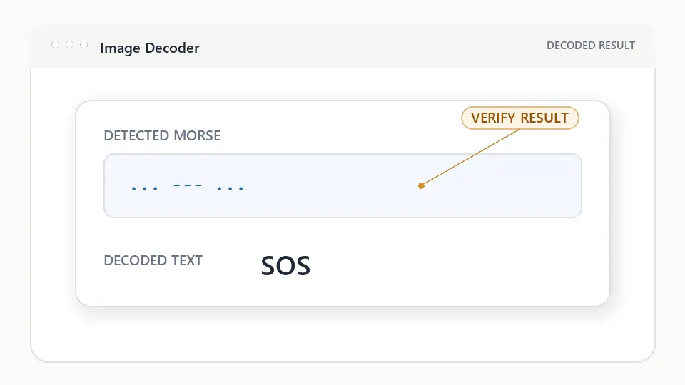 Image Morse decoder result showing detected SOS pattern and decoded text